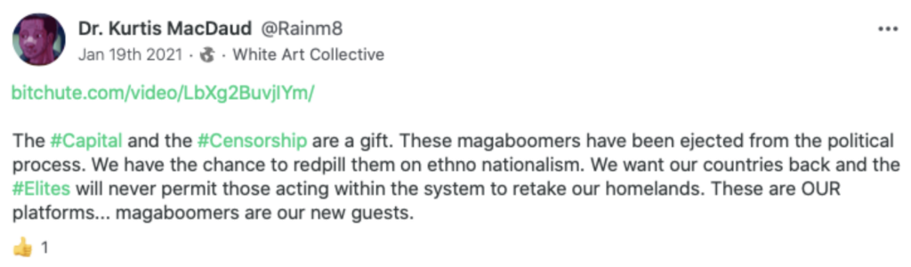 Trenin Bayless saying the "magaboomers" need to be radicalized into white nationalism